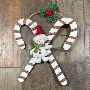 Festive Candy Cane Snowman Holiday Decoration
